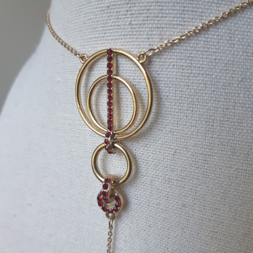 Vintage Vince Camuto Gold Lariat Necklace Set with Red Crystals